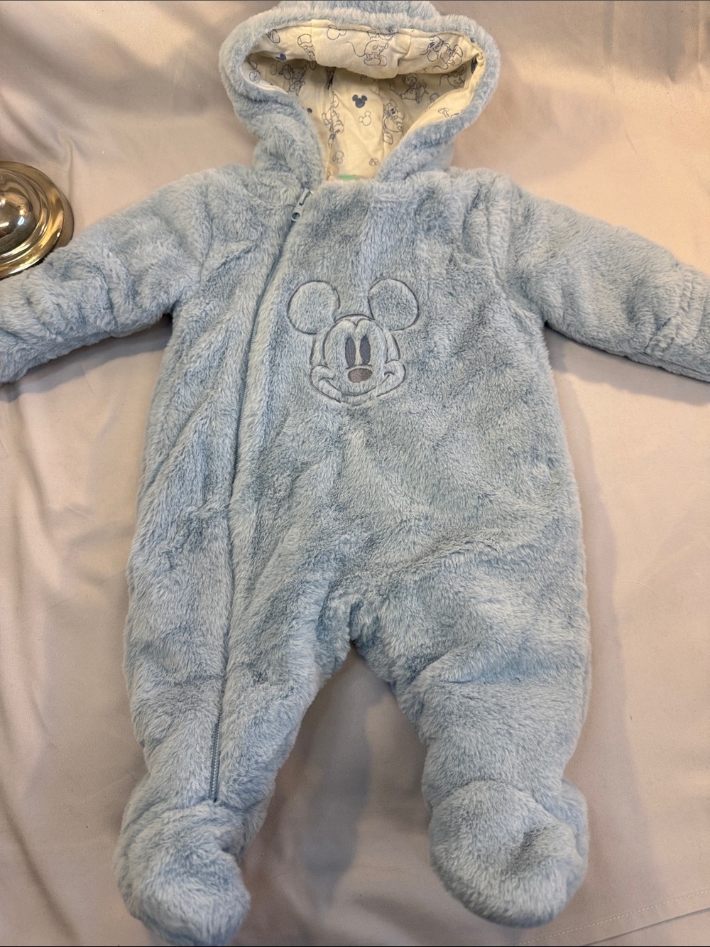 Disney NWOT Blue Plush Mickey Hooded Footed One-Piece bunting bag/snow suit